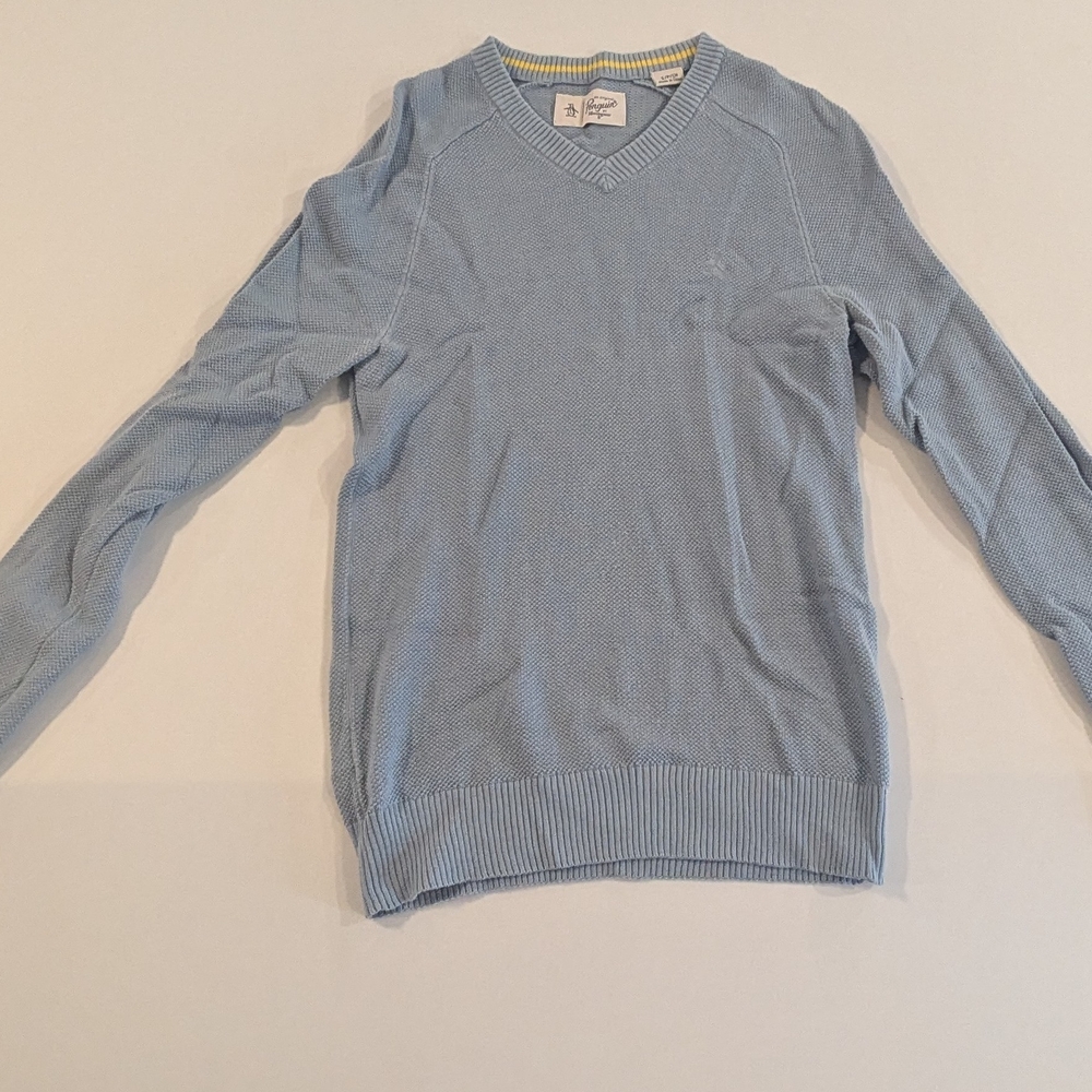 Penguin Men's Light Blue V-Neck Knit Sweater